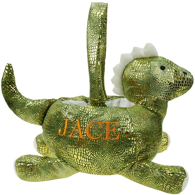 DearSun Plush Dinosaur Basket, Green Glitter, Embroidered Name, Rectangular or Round, Velvet, Perfect for Easter Hunting and Trick or Treat