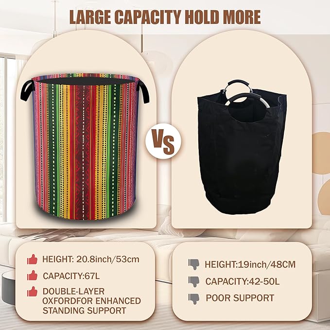 Mexican Laundry Basket,Ethnic Stripes Rainbow Laundry Hamper Waterproof Oxford Cloth Tote Collapsible,Clothes Storage Bucket Decorative Toy Organizer For Bathroom Bedroom 16" x 20.8"