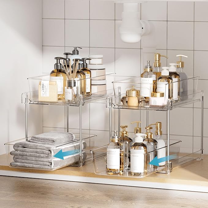 Vtopmart 6 Pack Bathroom Organizer, 2 Tier Clear Under Sink Organizers Vanity Countertop Storage Container,Cabinet Drawers Bins, Pull-Out Organization with Track for Pantry, Kitchen