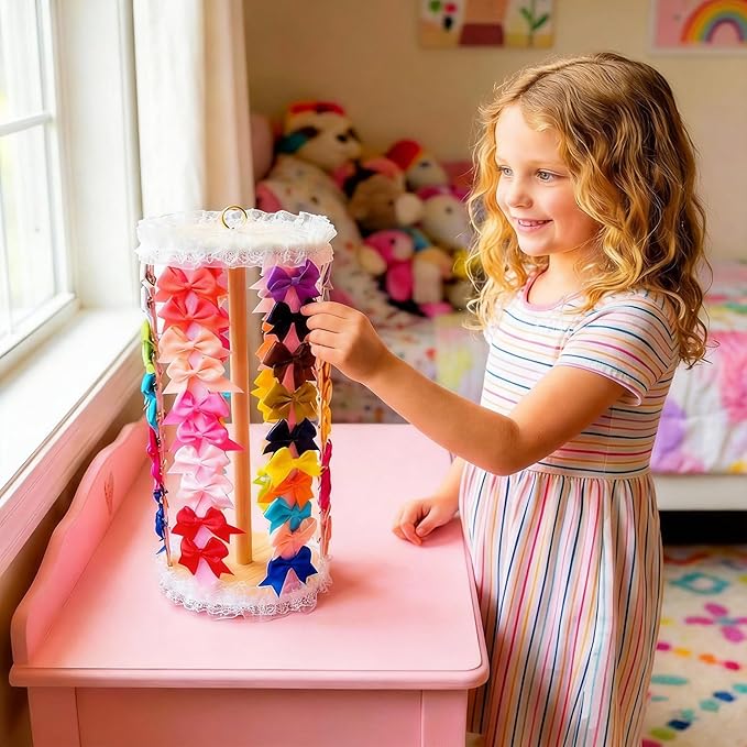 Bow Organizer for Girls, Solid Wood Hair Bow Holder with 360° Rotating Stand, Hair Clip & Hair Accessories Organizer for Baby Girls, Pink Nursery & Girls Room Decor