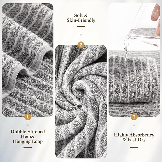 6 Pcs Oversized Bath Towels for Adults 35x70 Inches Gray & White Striped Extra Large Bath Towel Sets Bathroom Sheets Jumbo Shower Towels Quick Absorbent Soft Microfiber for Women Men