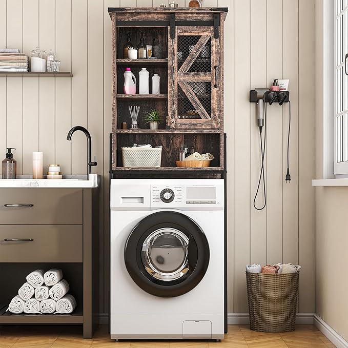 Over The Toilet Storage Cabinet with Sliding Barn Door, Over Toilet Bathroom Organizer with Adjustable Shelves and Metal Frame, Farmhouse Space Saver The Toilet Rack (Brown)