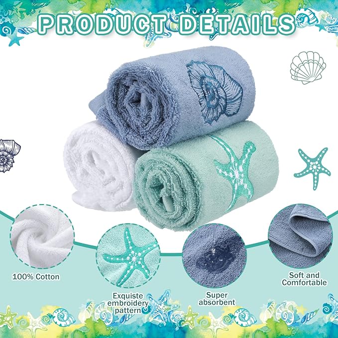 3 Pack Coastal Hand Towels for Bathroom 100% Cotton Embroidered Beach Bathroom Towels 13.8 x 29.5'' Seashell Starfish Conch Blue Finger Towel Nautical Decorative Towel Gift for Summer Holiday