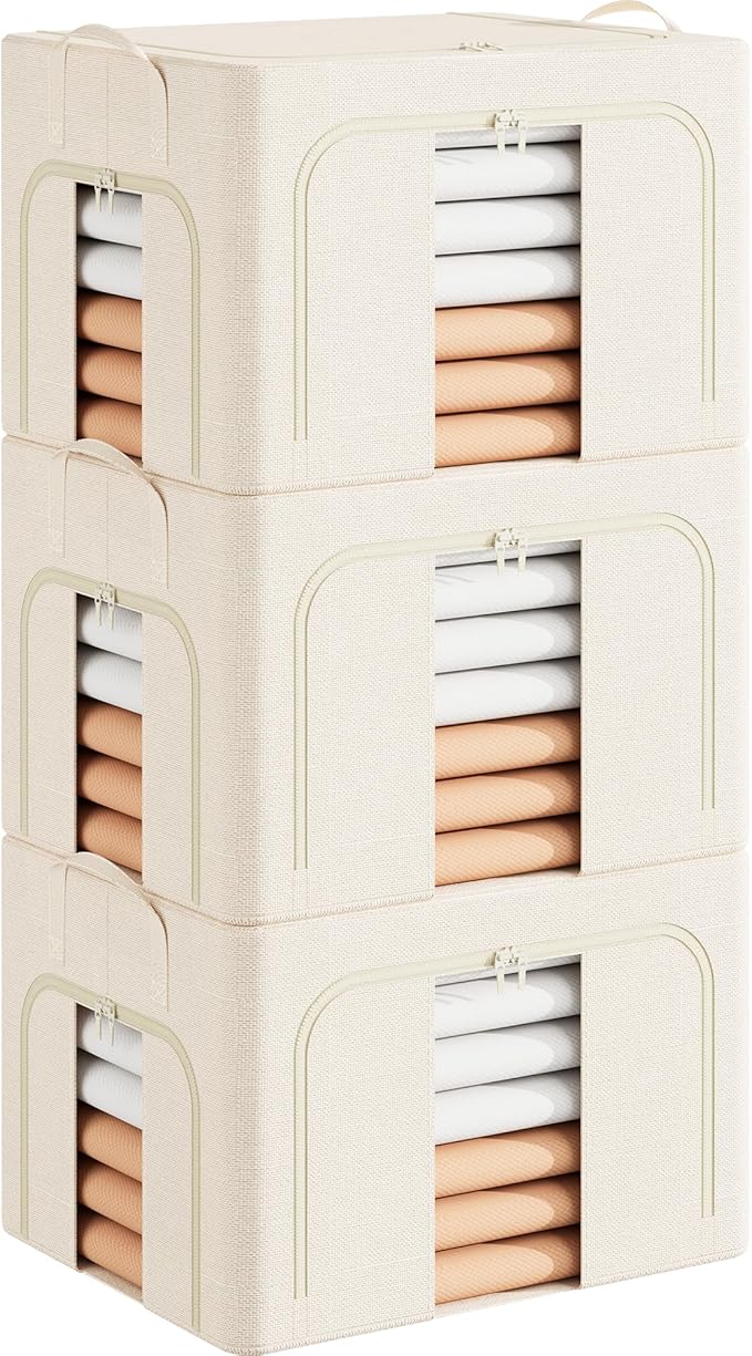 Pinkpum 3 Pack Clothes Storage Bins with Metal Frame, Closet Organizers and Storage Boxes, Stackable & Foldable Clothes Organizer Bags with Large Clear Window & Long Carry Handles, Beige 40L