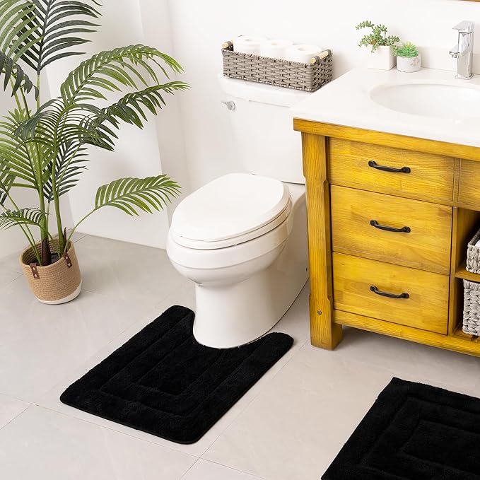 GRANNY SAYS Bathroom Toilet Rugs U Shaped, Bath Mats for Bath, Bathroom Rugs Non Slip Washable, Absorbent Microfiber Toilet Mat, Soft Plush Shaggy Bath Carpet, 20" x 24", Black