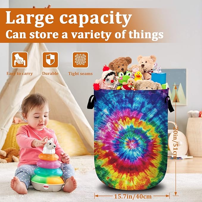 Colorful Tie Dye Laundry Basket with Sturdy Handles, Collapsible Oxford Cloth Laundry Hamper Organizer Basket for Bathroom Bedroom 15.7x20 Inch