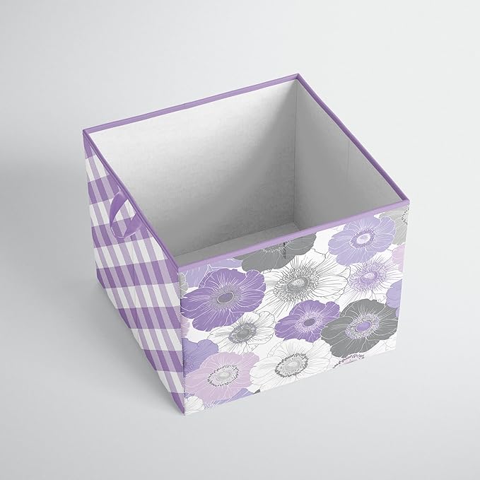 Bacati - Large Storage Tote Watercolor Flowers Purple/Gray 14 x 14 x10 inches