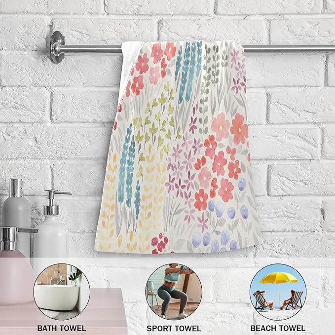 2 Pcs Spring Summer Flower Decorative Hand Towels for Bathroom,Soft Absorbent Watercolor Meadow Floral Bohemian Dish Towels for Kitchen,Quick Dry Guest Bathroom Towels for Face,Shower 14"x28"