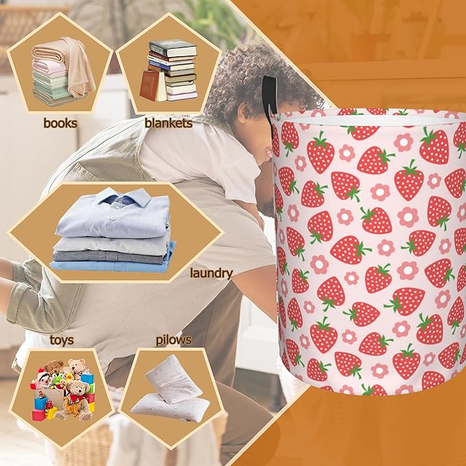 Pink Strawberry Large Storage Basket,Vintage Groovy Flower Laundry Hamper/Bathroom/Home Decor/Collapsible Round Storage Bin,Boys Girls Dirty Clothes Hamper/Boxes/Toys Storage 16x20 Inch