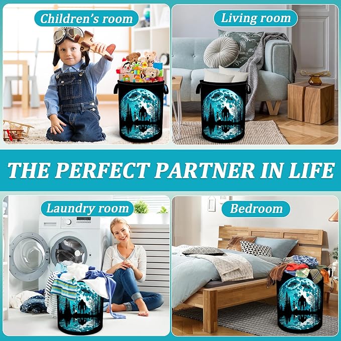 Bigfoot and Alien Laundry Basket, Moon Forest Laundry Hamper Foldable Waterproof Funny Tote Bag Dirty Clothes Storage Bucket Toy Organizer for Bathroom/Laundry/Bedroom 15.7"x19.6"