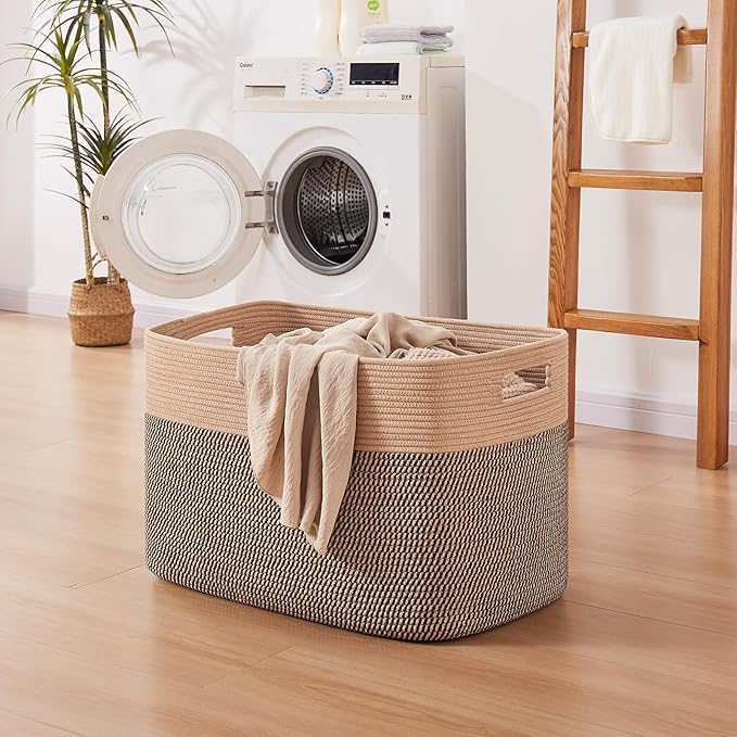 OIAHOMY 108L Extra Large Blanket Basket, 25”x16”x16” Laundry Basket, Blanket Storage for Living Room, Dog Toy Storage with Handle - Yellow & Black