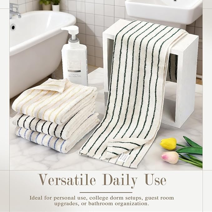 4 Pack Striped Hand Towels Set for Bathroom, Cotton Face Towels Black Blue and Yellow 3 Colors, 14" x 29", Soft and Absorbent, Vintage Kitchen Decor, Guest Use