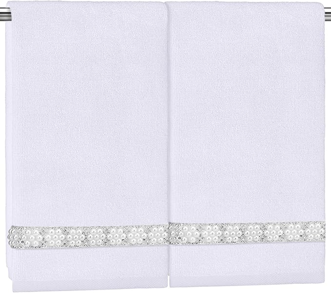 2 Pcs White Sparkling Hand Towels with Pearl for Bathroom 100% Cotton Glitter Soft Elegant Hand Bath Towels Absorbent Machine Washable for Spa Yoga Hotel Sport, 29.5" x 13.8"
