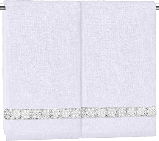 2 Pcs White Sparkling Hand Towels with Pearl for Bathroom 100% Cotton Glitter Soft Elegant Hand Bath Towels Absorbent Machine Washable for Spa Yoga Hotel Sport, 29.5" x 13.8"