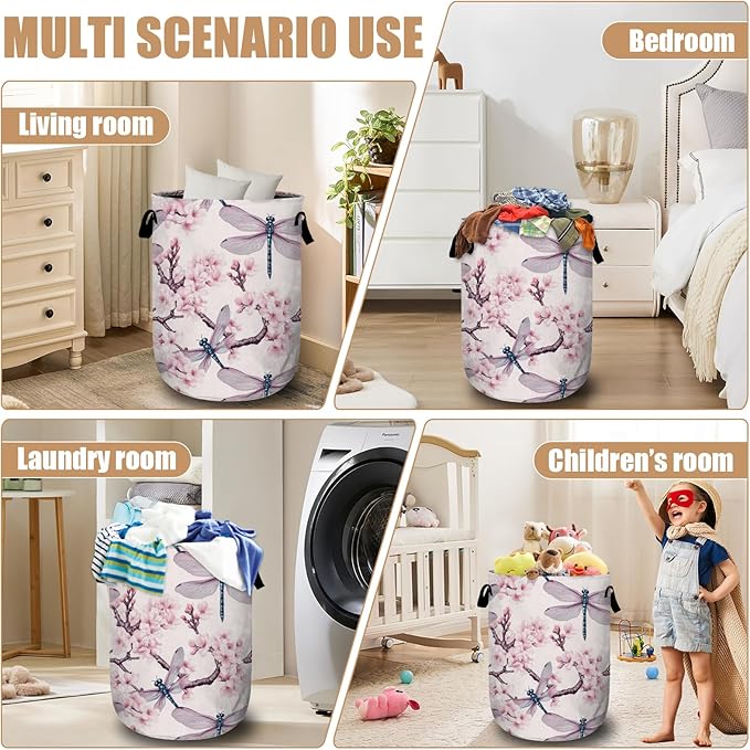 Dragonfly Laundry Basket, Foldable Cherry Blossom Laundry Hamper Tote Bag Dirty Clothes Storage Bucket Toy Organizer for Bathroom/Laundry/Bedroom 15.7"x19.6"