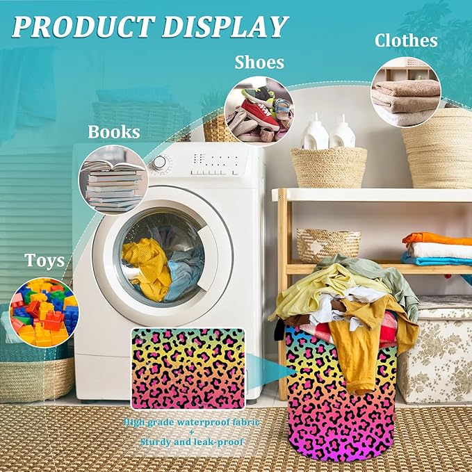 CoLorful Leopard Rainbow Laundry Basket, Foldable Waterproof Oxford Cloth Laundry Hamper Funny Tote Bag Dirty Clothes Storage Bucket Toy Organizer for Bathroom/Laundry/Bedroom 15.7"x19.6"