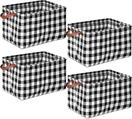 Boao 4 Pcs Buffalo Plaid Storage Baskets Black and White Bins Large Checkered Fabric Box with Handle Household Foldable Organizer Containers for Bathroom Bedroom(Simple Style)