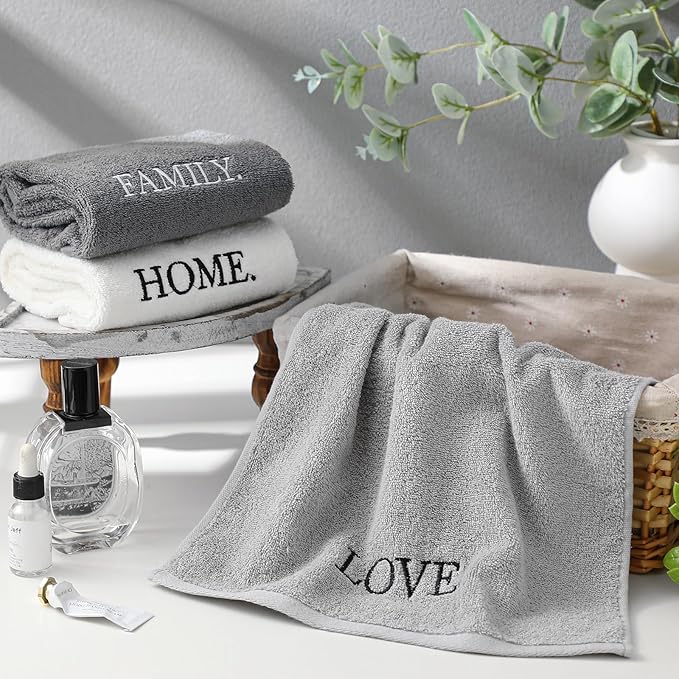 3 Pcs Farmhouse Decorative Hand Towels for Bathroom and Kitchen Rustic Embroidered 100% Cotton Hand Towels Decorative Set for Boho Bathroom Decor (Gray,Home Love Family)