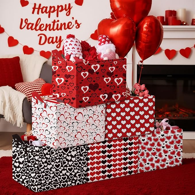 Youyole 6 Pcs Galentine's Day Gifts Basket Set Valentine's Day Storage Bins Red Heart Empty Gifts Basket Organizer with Love Pattern Valentine Decorative Container Box with Handle for Closet Shelf