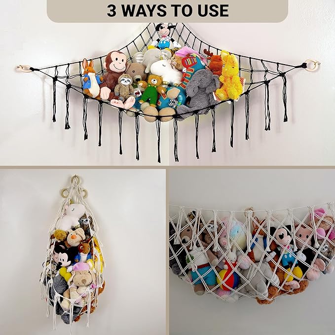 Large Stuffed Animal Hammock Corner - Stuffed Animal Storage - 100% Natural Cotton Macrame Stuffed Animal Net - Stuff Animal Organizer - Net For Stuffed Animals Corner Large-Black