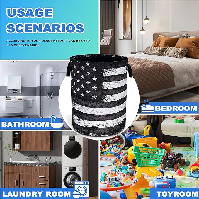 Black White American Flag Laundry Basket Vintage Usa Flag Oxford Cloth Laundry Hamper With Handle Foldable Portable Clothes Storage Basket 18.9 X 16.5 In Storage Bag For Laundry Room/Bathroom/Bedroom