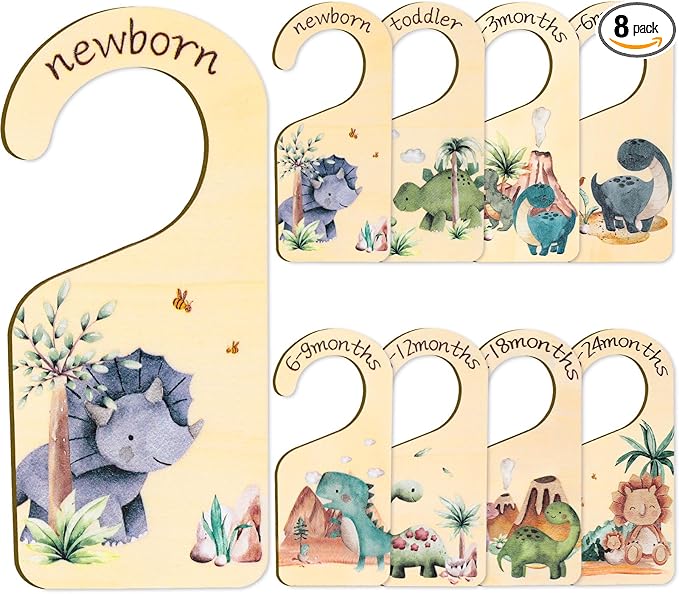 Whaline 8Pcs Baby Closet Size Dividers Dinosaur Theme Design Hanging Wooden Baby Closet Organizer Newborn to 24 Months Thicken Baby Wardrobe Organizer for Home Nursery Baby Clothes Decor