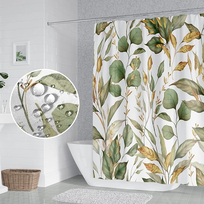 Green Eucalyptus Leaves Bathroom Shower Curtain Tropical Leaf Nature Plant Shower Curtain Polyester Waterproof Fabric Modern Home Decor Bath Shower Curtain with Hooks, 72x96 Inch