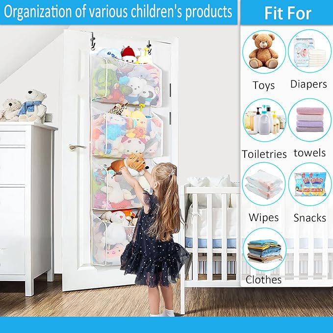 Toread Upgraded Over the Door Stuffed Animal Organizer – Adjustable No-Damage Hooks, 3D Design with 50% More Capacity, for Plushies, Stuffed Animals & Toy Storage