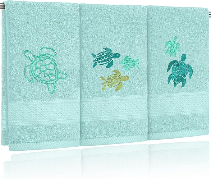 3 Pack Sea Turtle Coastal Hand Towels for Bathroom 100% Cotton Embroidered Beach Bathroom Towels 13.78 x 29.53 Inch Soft Absorbent (Green, Sea Turtles)