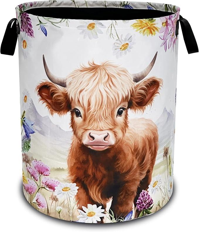Highland Cow Laundry Basket Oxford Cloth Animal Flowers Laundry Hamper With Handle Foldable Portable Clothes Storage Basket 18.9 X 16.5 Inch Storage Bag For Laundry Room/Bathroom/Bedroom/Dormitories