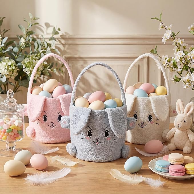 Mimorou 3 Pack Plush Bunny Easter Basket Sherpa Easter Bucket with Rabbit Ears Decorative Bow Large Bunny Tote Bags Ideal for Egg Hunt, Party Favors, Decorations & Storage(White Pink and Blue)