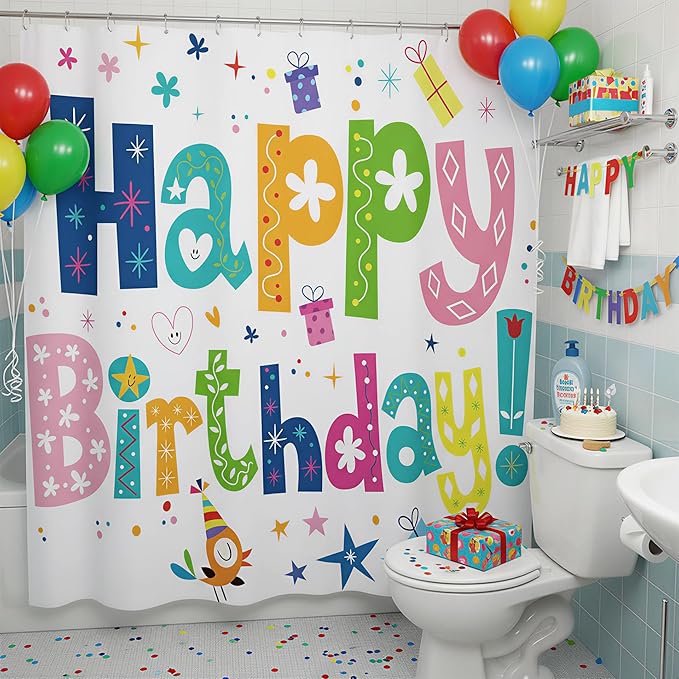 Happy Birthday Shower Curtain Kids Birthday Party Rainbow Shower Curtains for Bathroom Waterproof Polyester Fabric Bathroom Curtain 72 x 72 Inch with 12 Plastic Hooks