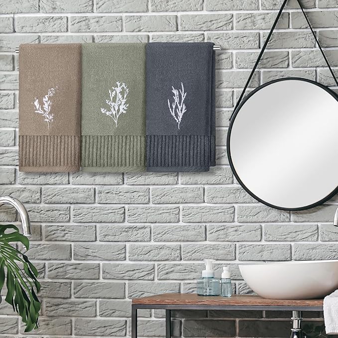 3 Pcs Boho Botanical Hand Towels Bathroom Decor Retro Embroidered Minimalist Nature Floral Boho Decorative Towels for Bathroom Kitchen Decor, 100% Cotton, 13.3 x 29.5''