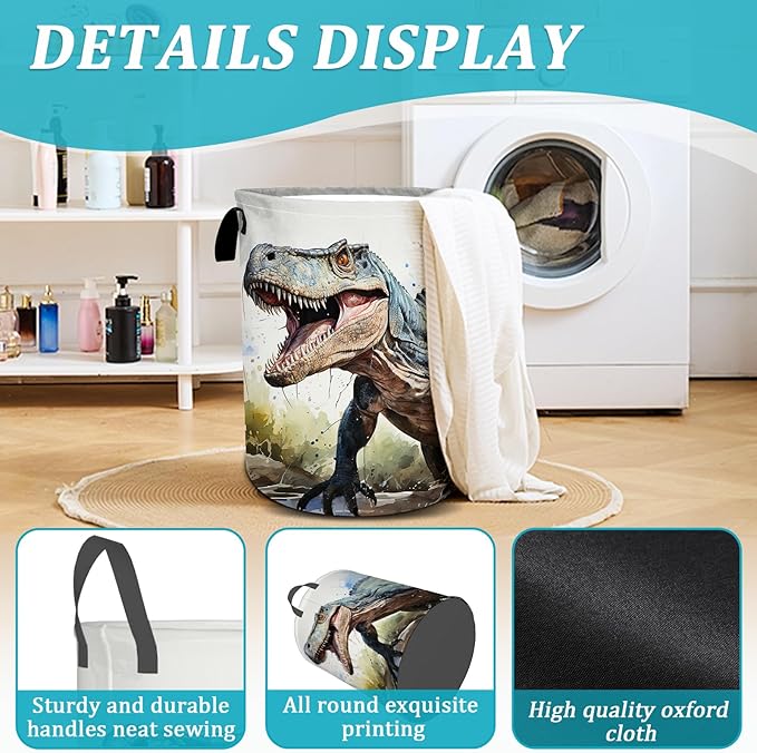 Dinosaur Laundry Basket, Foldable Waterproof Oxford Cloth Laundry Hamper Funny Tote Bag Dirty Clothes Storage Bucket Toy Organizer for Bathroom/Laundry/Bedroom 15.7"x19.6"