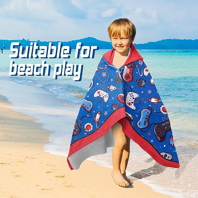 Hooded Towels for Kids -Toddler Beach Towel- Super Absorbent & Quick Dry 100% Cotton 30x50 Inch - to Kid Ages 3-10-Video Game/Gaming Pattern Design