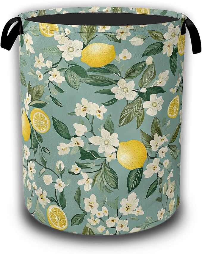 Vintage Lemon Flowers Laundry Basket,Waterproof Foldable Laundry Hamper,Dirty Clothes Basket, Linen Bin Storage Organizer Collection 16" x 20.8"