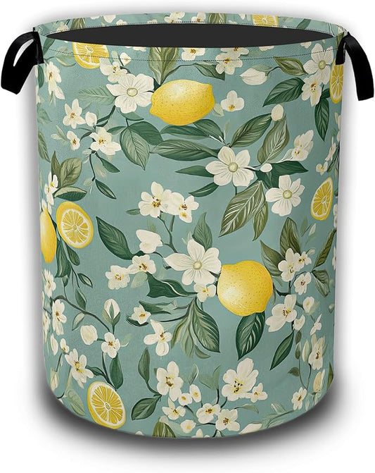 Vintage Lemon Flowers Laundry Basket,Waterproof Foldable Laundry Hamper,Dirty Clothes Basket, Linen Bin Storage Organizer Collection 16" x 20.8"