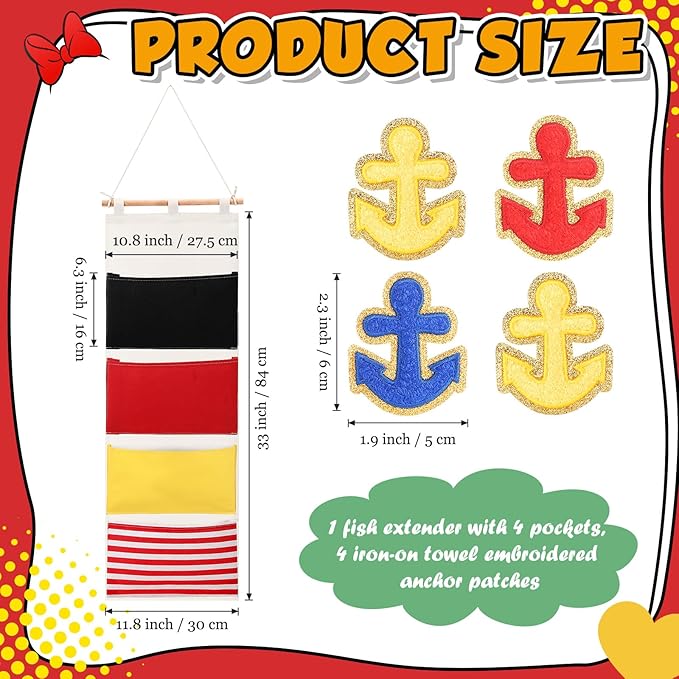 Fish Extender Cruise Gift Hanging Organizer with 4 Pockets and Iron on Anchor Patch Cabin Door Storage Bag 2026 Fe for Cruise Essentials Exchange Gift Pixie Dusting(Red,Blue,Black,Yellow)