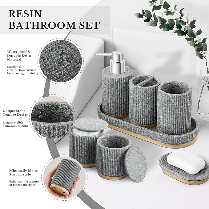 7PCS Bathroom Accessories Set, with Soap Dispenser, Q-tip Holder, Toothbrush Holder, Tumbler, Soap Dish, Vanity Tray, Bathroom Set Complete Organizer Countertop for Modern Decor, Grey