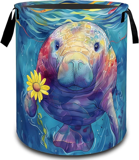 Colorful Manatee Flower Laundry Basket, Dirty Collapsible Clothes Toy Organizer Hamper for Kids Adults, Oxford Cloth Waterproof Storage Bin for Bedroom Bathroom Ocean Decor Gifts, 19.7"X15.7"