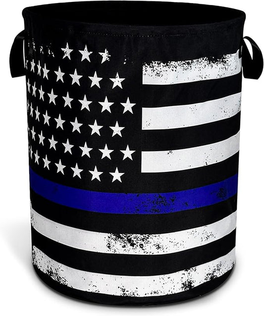 American Flag Thin Blue Line Flag Laundry Basket Foldable Oxford Cloth Funny Tote Bag Laundry Hamper Clothes Storage Bucket Organizer For Bathroom/Laundry Storage /Bedroom17.7x13.7 Inch