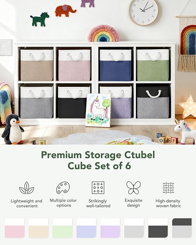 12x12 Storage Cube Bins, 6 Pack Reinforced Bottom Cardboard Foldable Box, Organizer for Closet Shelves, Heavy Home Storage Baskets (White Green)