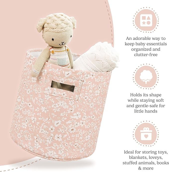 Sorrel + Fern Nursery Storage Basket (Fleurette), Soft Collapsible Fabric Toy Bin, Floral-Inspired Organizer for Playroom or Nursery, Gender-Neutral Decor, 13 × 13 Inches
