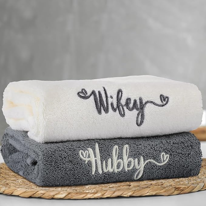 2 Pcs Wifey Hubby Hand Towels 100% Cotton Embroidered Bathroom Towel Gift for Valentine's Day Wife Husband Wedding Engagement Anniversary Bathroom Decor 29 x 13 Inch