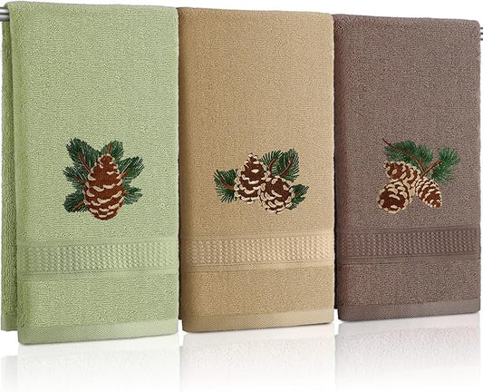 3 Pcs Rustic Pine Cone Hand Towels for Bathroom Christmas Decor, Pinecones Branch Embroidered Decorative Towels for Bathroom Kitchen Holiday Decor, 100% Cotton, 13.3 x 29.5''