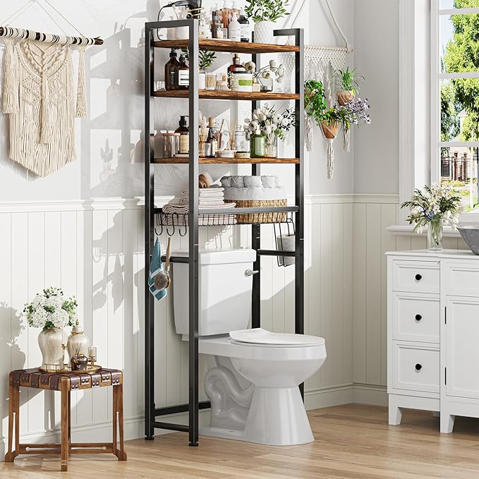 Over The Toilet Storage Rack, 4 Tier Bathroom Shelf Organizer Over Toilet with Adjustable Feet, Basket, Hooks, Paper Holder, Quick Interlock Install & Water-Resistant Shelves (Vintage Brown)