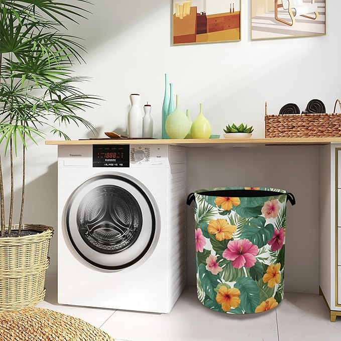 Hibiscus Laundry Basket,Palm Leaves Foldable Oxford Cloth Tote Bag Laundry Hamper Clothes Storage Bucket Organizer for Bedroom Laundry Storage Dormitories 16" x 20.8"