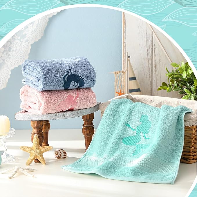 3 Pack Coastal Mermaid Hand Towels for Bathroom 100% Cotton Embroidered Beach Bathroom Towels 13.78 x 29.53 Inch Soft Absorbent(Pink Green Blue, Mermaid)