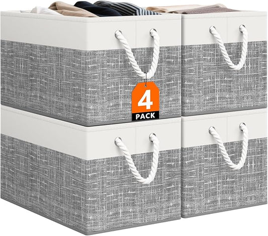 Storage Bin,Collapsible Storage Basket For Organizing,Large Storage Boxes With Rope Handles,Storage Containers,White & Grey,4 Pack