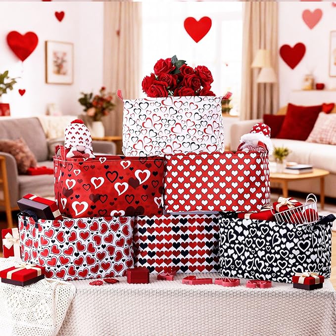 Youyole 6 Pcs Galentine's Day Gifts Basket Set Valentine's Day Storage Bins Red Heart Empty Gifts Basket Organizer with Love Pattern Valentine Decorative Container Box with Handle for Closet Shelf